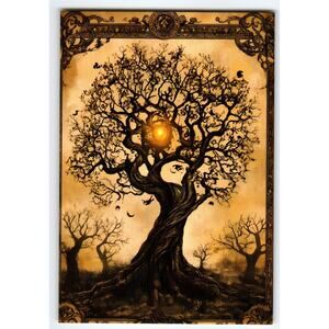 Vintage Halloween Photochrome Postcard Spooky Tree with Glowing Orb
